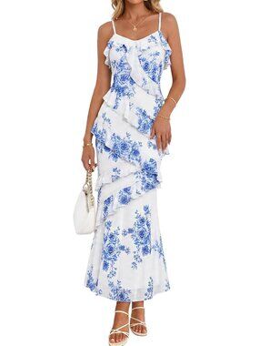 Women's Blue White Shoulder Sleeve V Neck High Waist Backless Wedding Dress